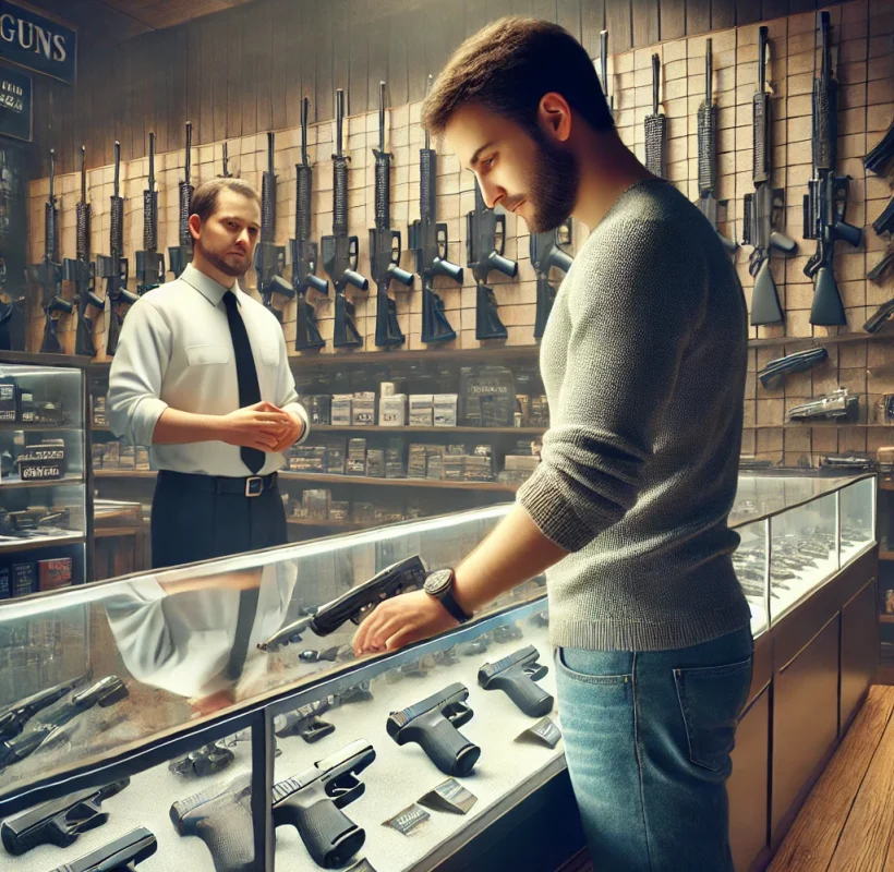 DALL·E 2025-02-05 19.55.09 - A customer in a gun store carefully selecting a handgun. The person, wearing casual clothes, stands in front of a well-lit glass display case filled w